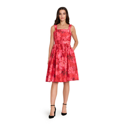 Tahari Asl Women's Square Neck Printed Jacquard Fit and Flare Dress