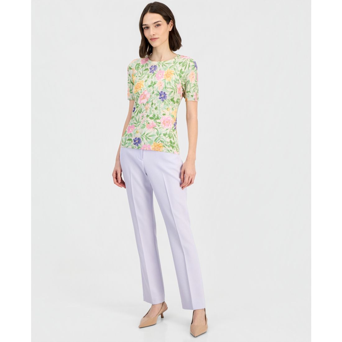 Tahari Asl Women's Floral Printed Scoop-Neck Sweater T-Shirt