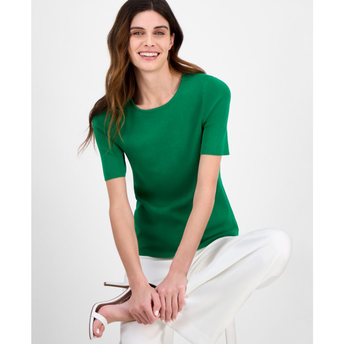 Tahari Asl Women's Fine-Rib Crewneck Sweater T-Shirt, Regular & Petite