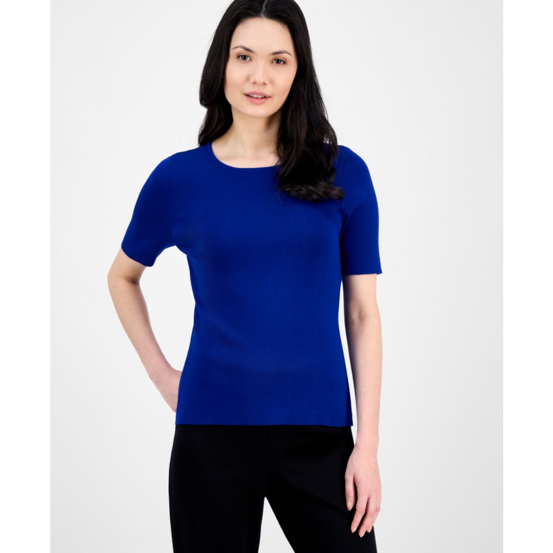 Tahari Asl Women's Fine-Rib Crewneck Sweater T-Shirt, Regular & Petite