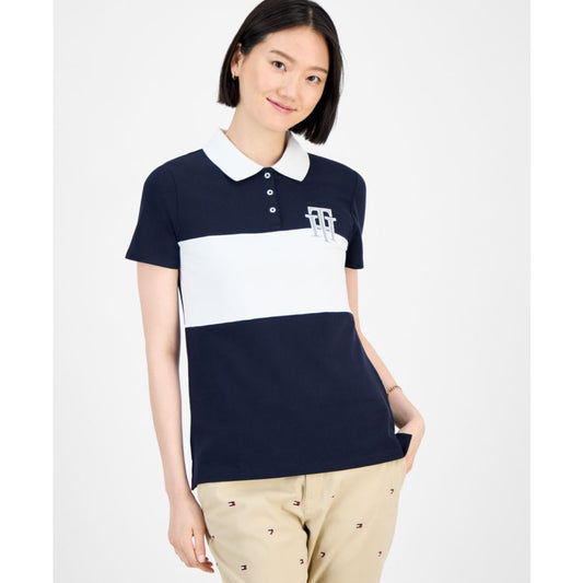 Tommy Hilfiger Women's Pieced Pique Short-Sleeve Polo Shirt - Sky Captain/ Bright White