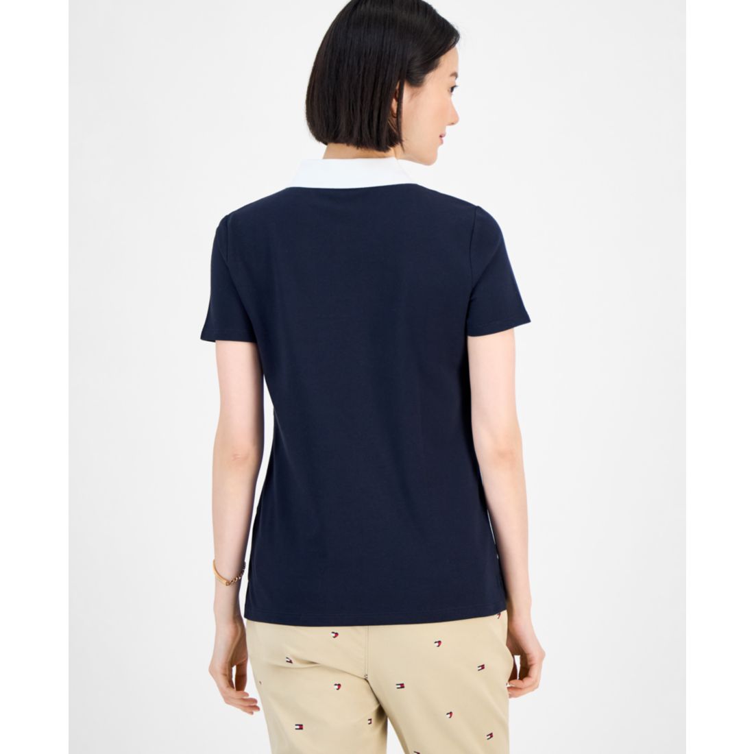 Tommy Hilfiger Women's Pieced Pique Short-Sleeve Polo Shirt - Sky Captain/ Bright White
