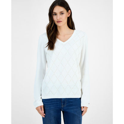 Tommy Hilfiger Women's Studded Argyle Cotton V-Neck Sweater