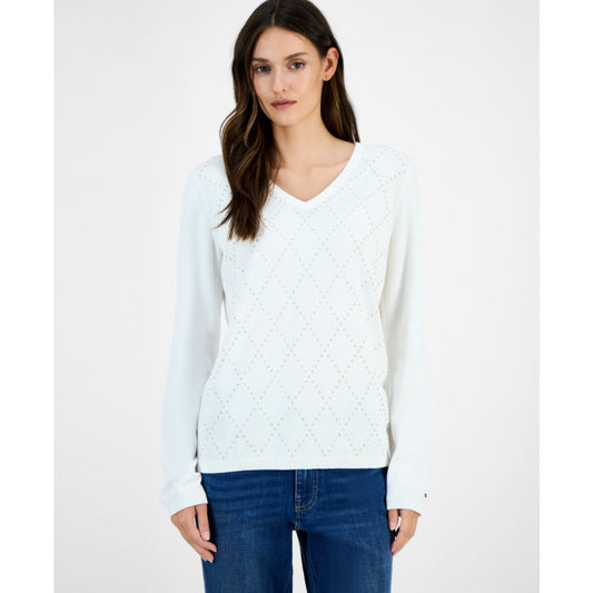 Tommy Hilfiger Women's Studded Argyle Cotton V-Neck Sweater