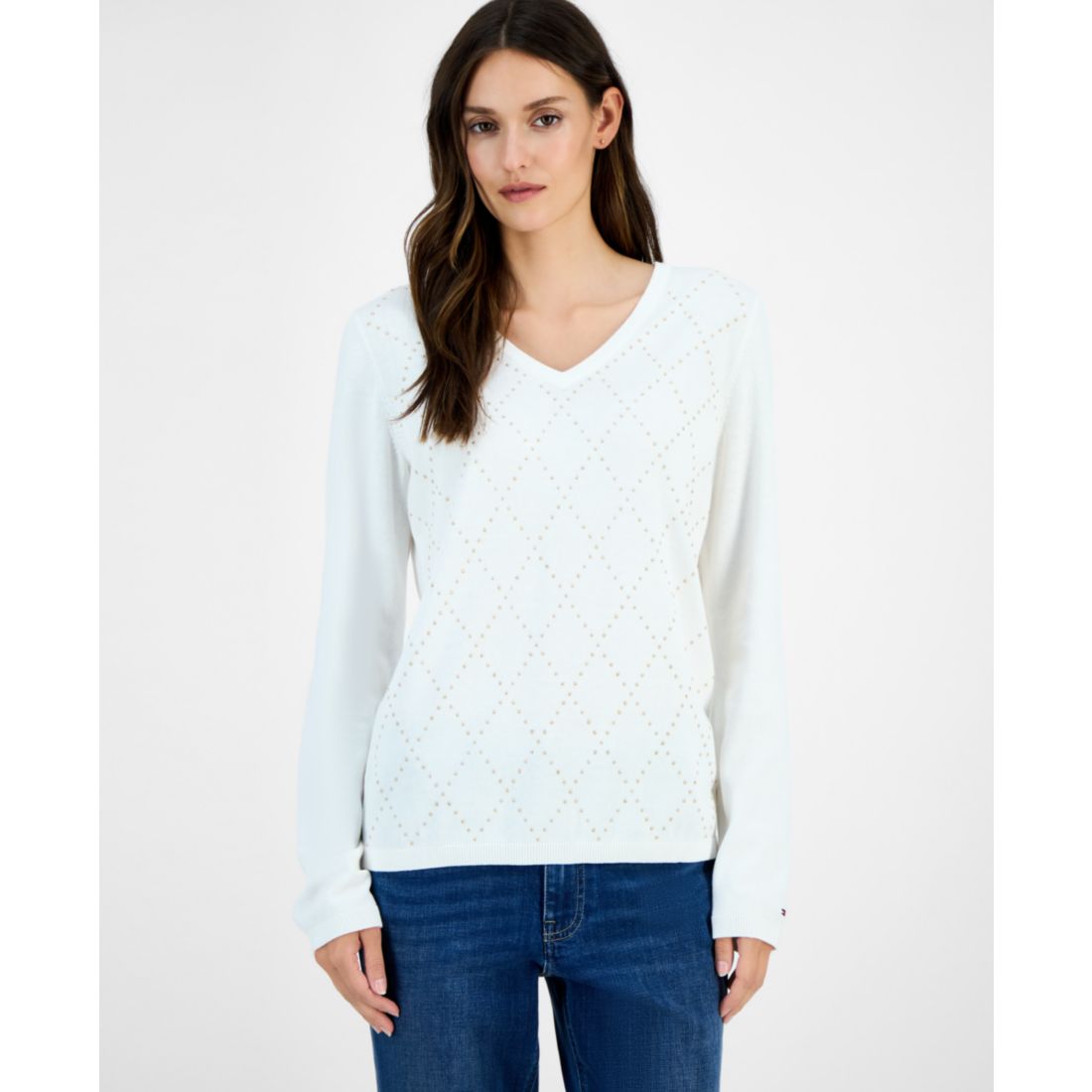 Tommy Hilfiger Women's Studded Argyle Cotton V-Neck Sweater