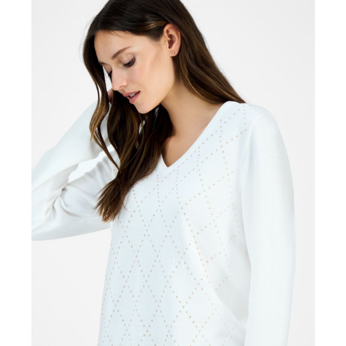 Tommy Hilfiger Women's Studded Argyle Cotton V-Neck Sweater
