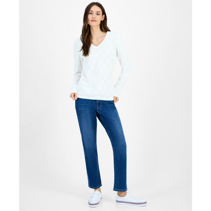 Tommy Hilfiger Women's Studded Argyle Cotton V-Neck Sweater