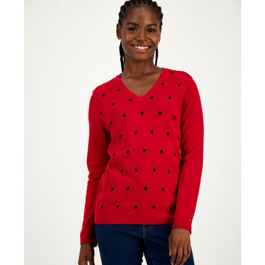 Tommy Hilfiger Women's Cotton Heart V-Neck Sweater - Chili Pepper/ Sky Captain
