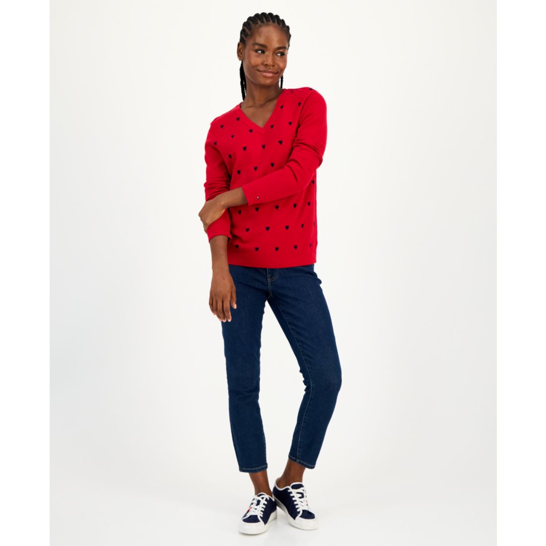 Tommy Hilfiger Women's Cotton Heart V-Neck Sweater - Chili Pepper/ Sky Captain