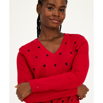 Tommy Hilfiger Women's Cotton Heart V-Neck Sweater - Chili Pepper/ Sky Captain