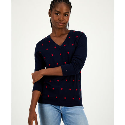 Tommy Hilfiger Women's Cotton Heart V-Neck Sweater - Chili Pepper/ Sky Captain