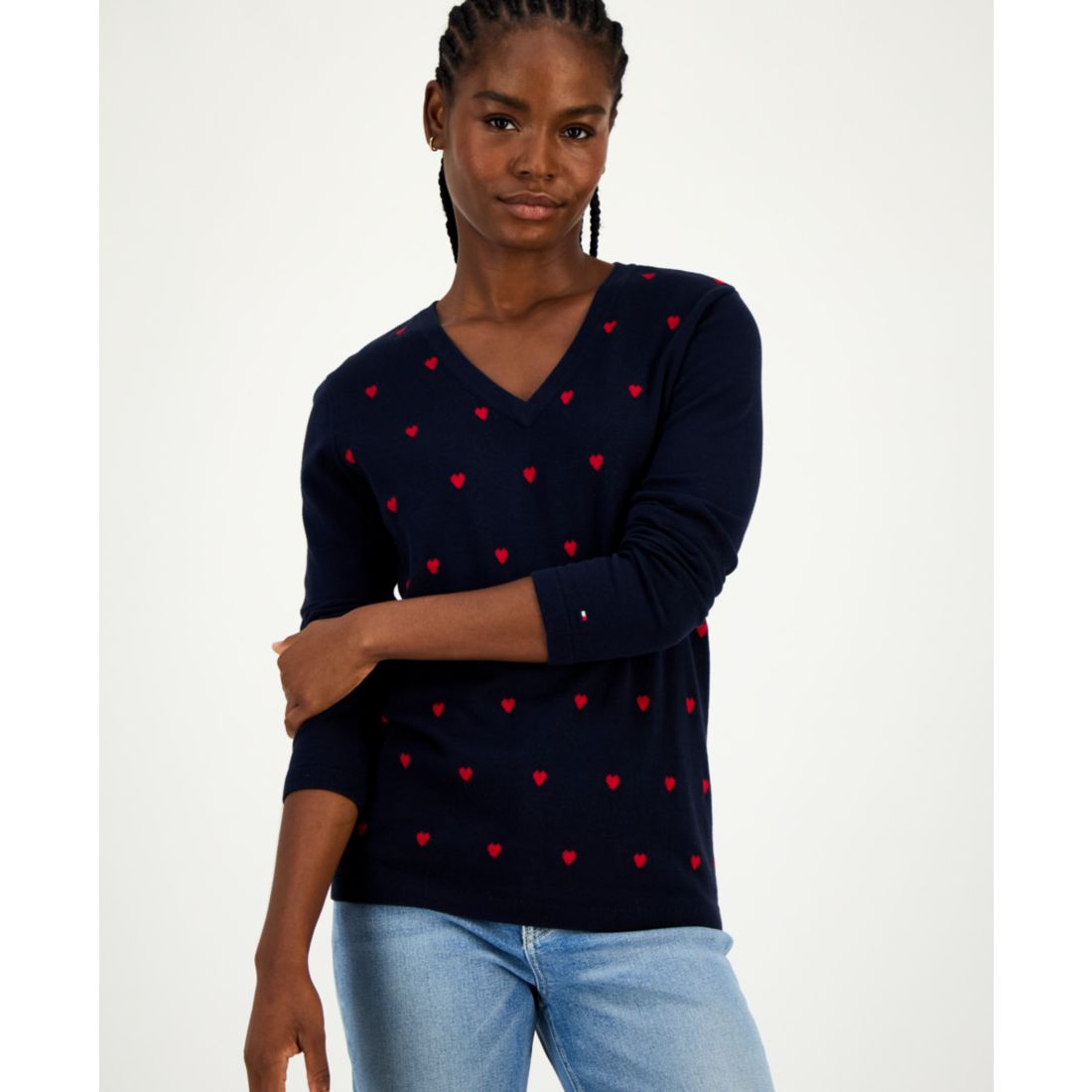 Tommy Hilfiger Women's Cotton Heart V-Neck Sweater - Chili Pepper/ Sky Captain
