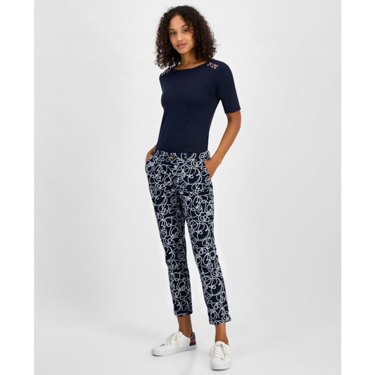 Tommy Hilfiger Women's Rope-Print Hampton Chino Pants - Bright White/ Sky Captain