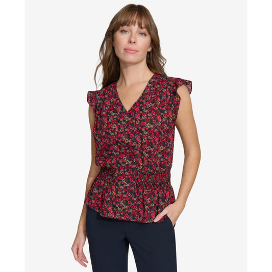 Tommy Hilfiger Women's Printed Smocked Cap-Sleeve Top