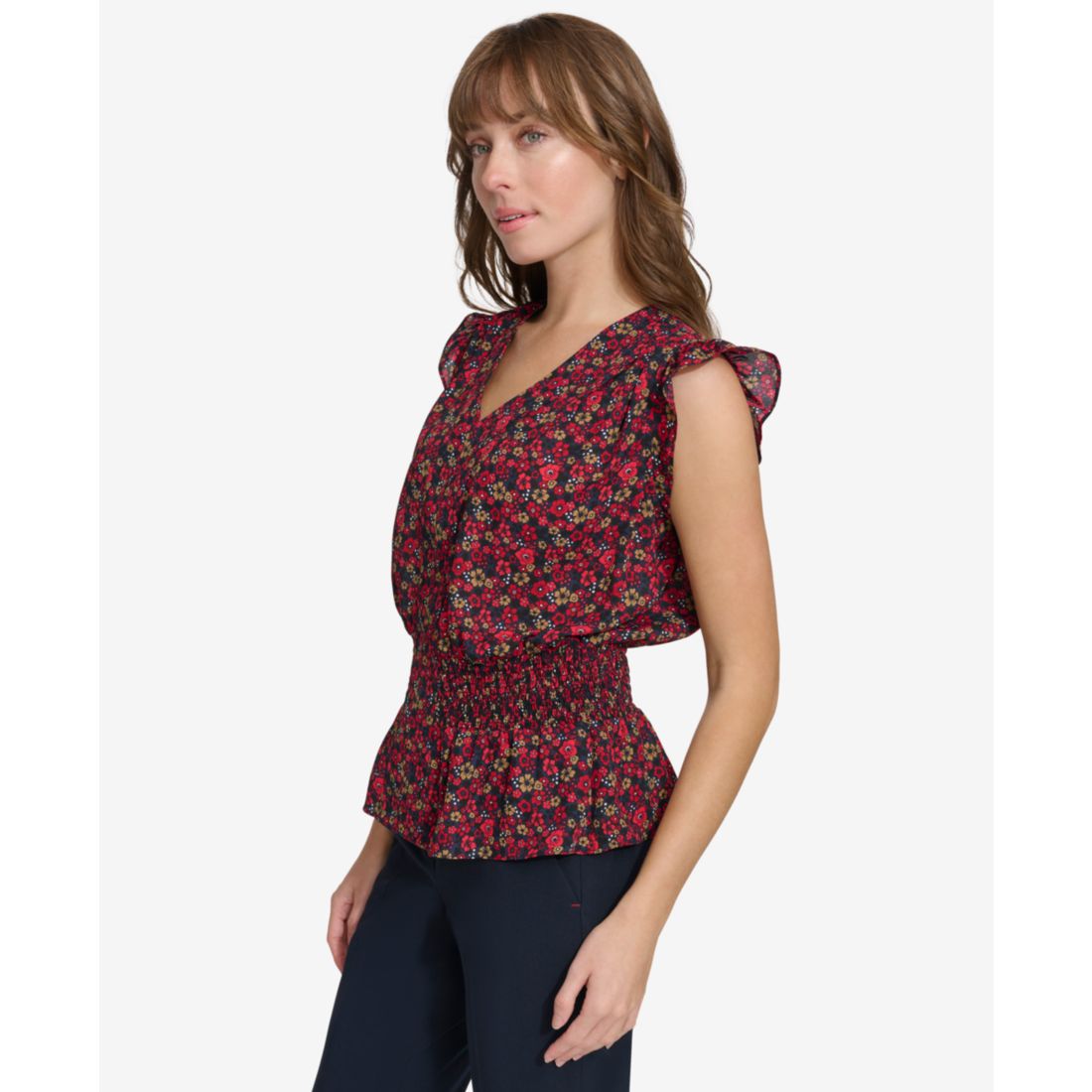 Tommy Hilfiger Women's Printed Smocked Cap-Sleeve Top