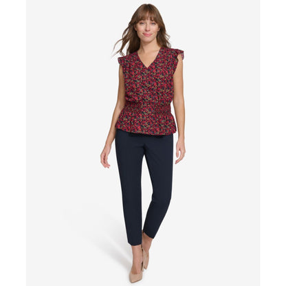 Tommy Hilfiger Women's Printed Smocked Cap-Sleeve Top