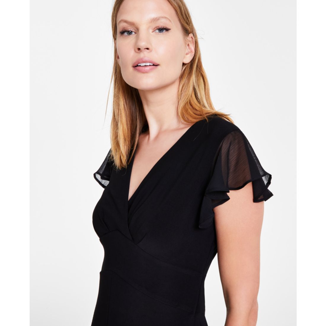 Tommy Hilfiger Women's V-Neck Chiffon-Trim Midi Dress with Flutter Sleeves