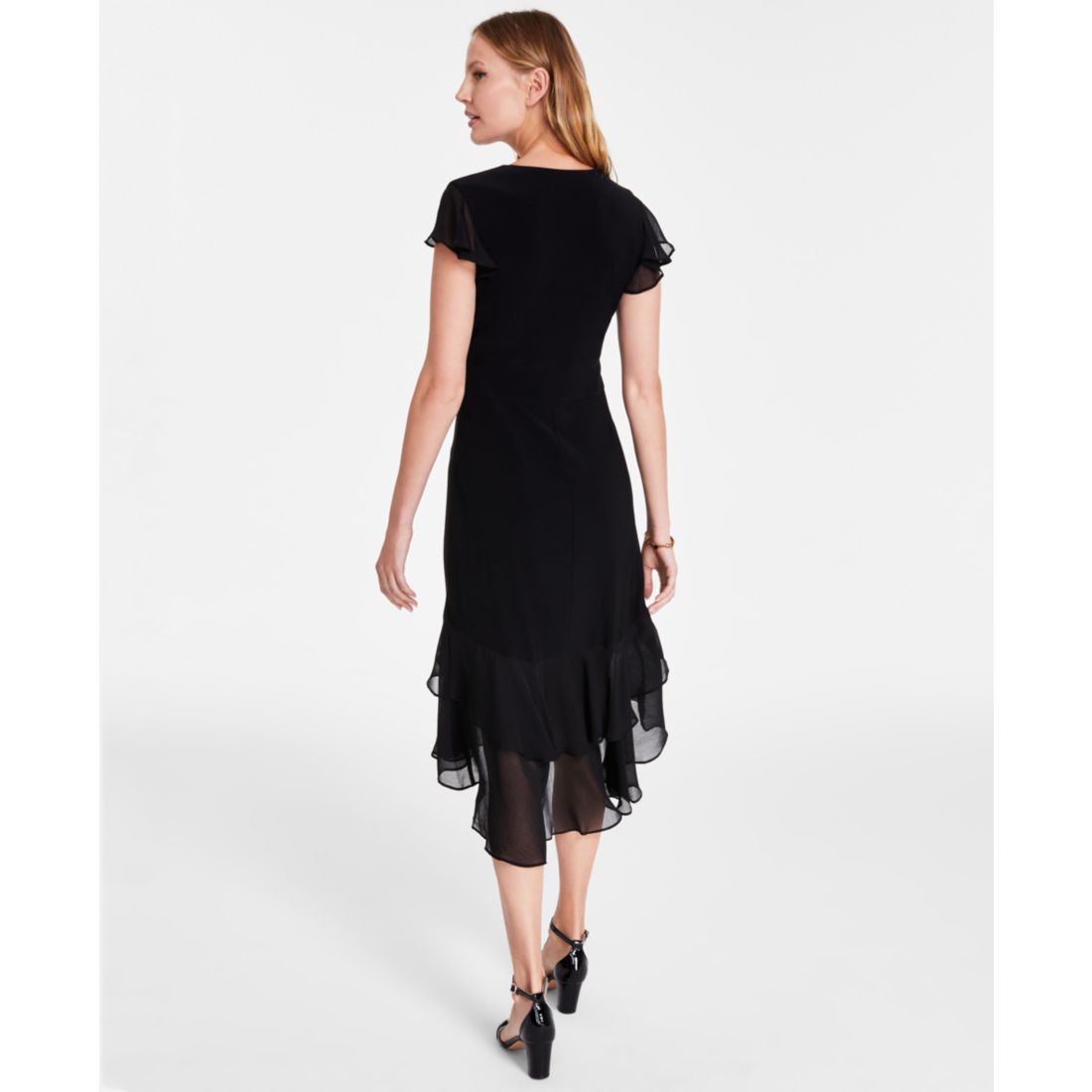 Tommy Hilfiger Women's V-Neck Chiffon-Trim Midi Dress with Flutter Sleeves