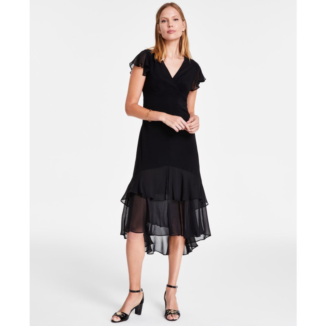 Tommy Hilfiger Women's V-Neck Chiffon-Trim Midi Dress with Flutter Sleeves