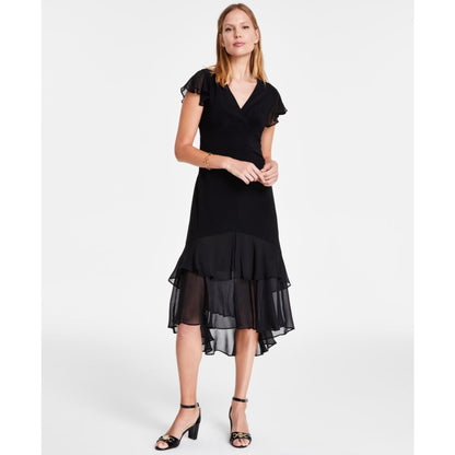 Tommy Hilfiger Women's V-Neck Chiffon-Trim Midi Dress with Flutter Sleeves