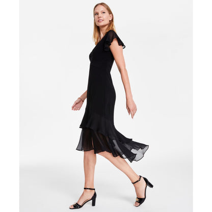Tommy Hilfiger Women's V-Neck Chiffon-Trim Midi Dress with Flutter Sleeves