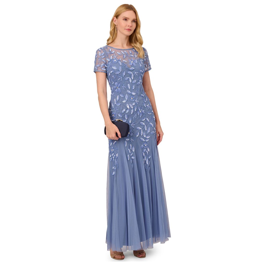 Adrianna Papell Size Floral-Beaded Gown