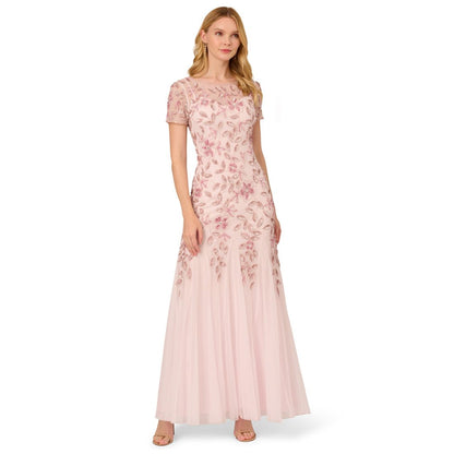 Adrianna Papell Size Floral-Beaded Gown