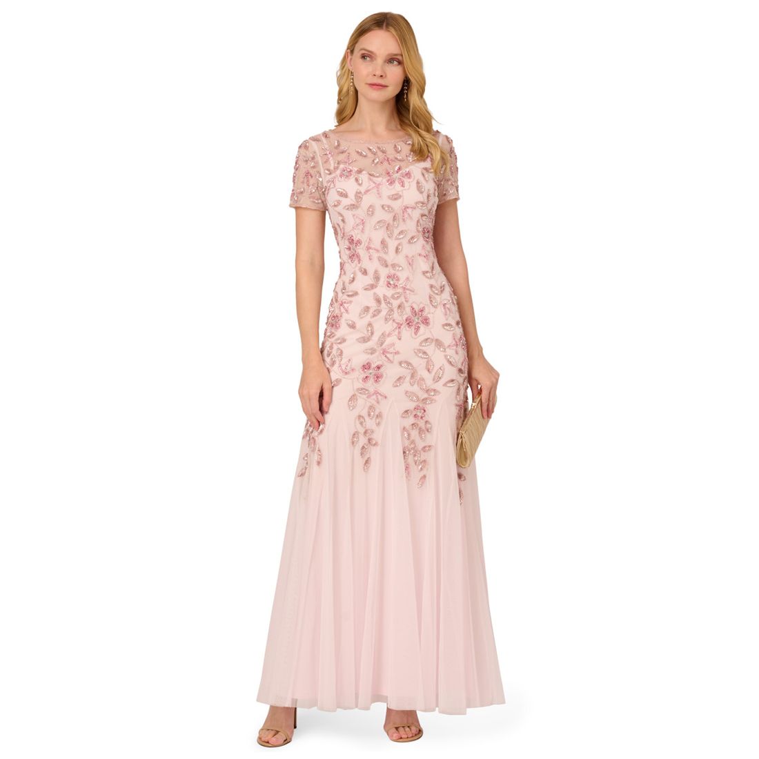 Adrianna Papell Size Floral-Beaded Gown