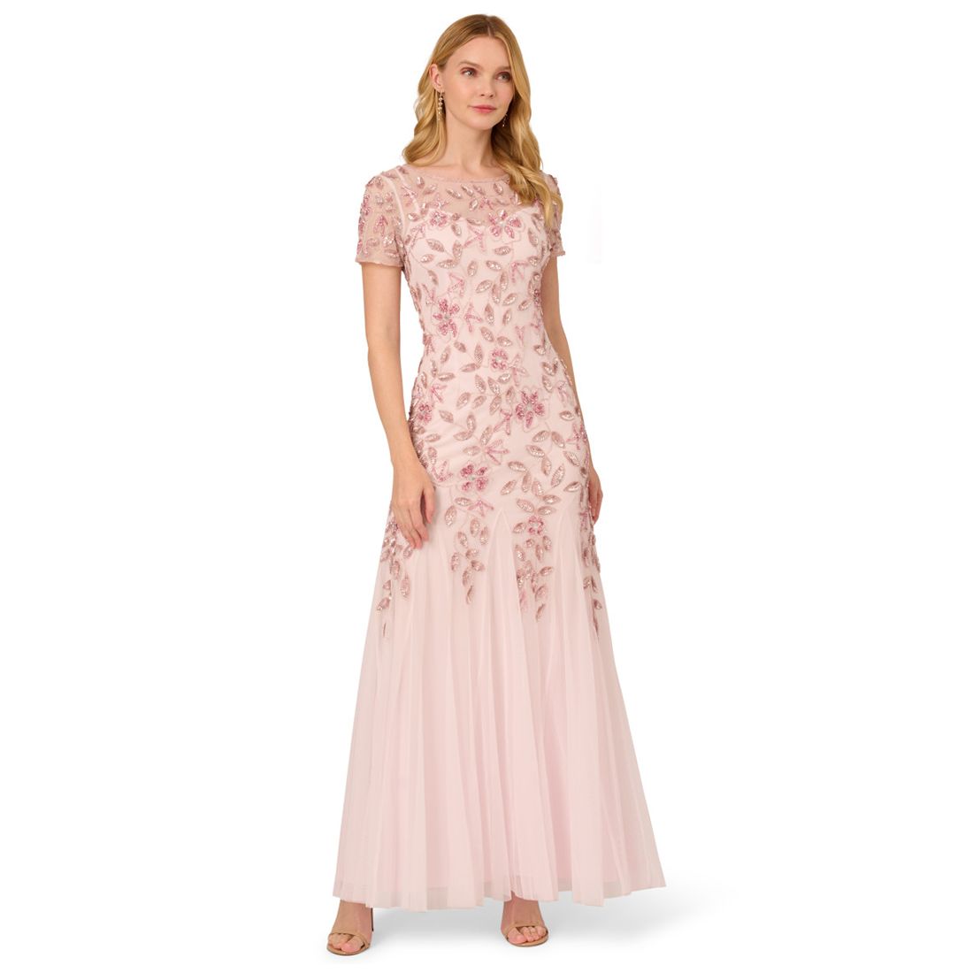 Adrianna Papell Size Floral-Beaded Gown
