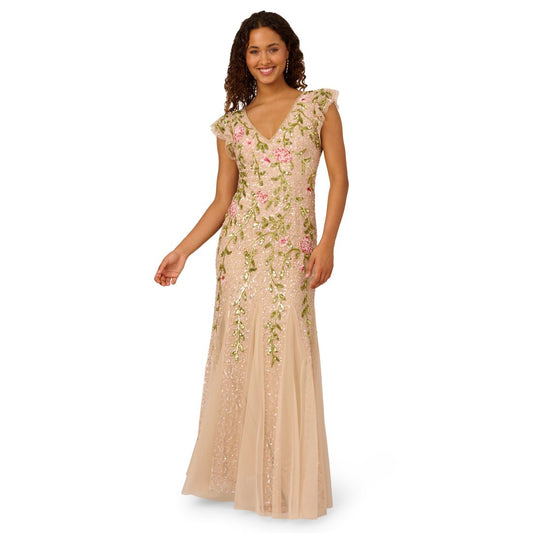 Adrianna Papell Women's Beaded Mesh Flutter-Sleeve Gown
