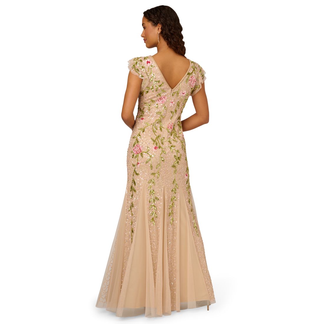 Adrianna Papell Women's Beaded Mesh Flutter-Sleeve Gown