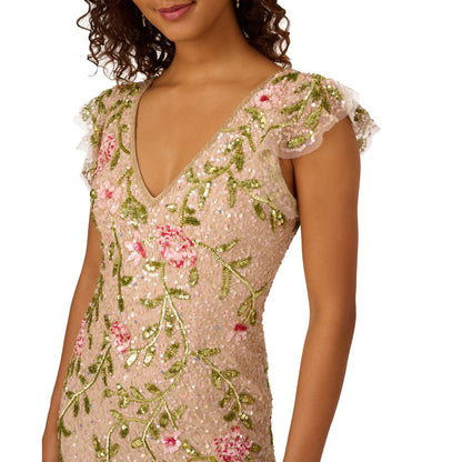 Adrianna Papell Women's Beaded Mesh Flutter-Sleeve Gown