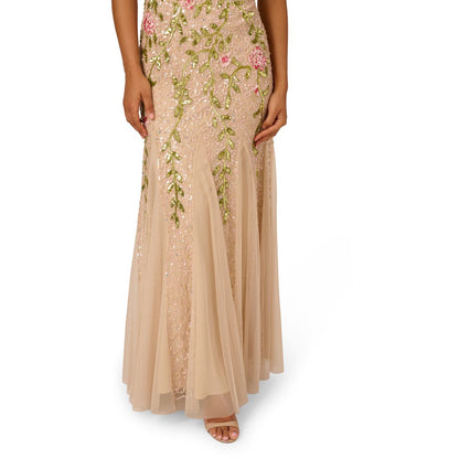 Adrianna Papell Women's Beaded Mesh Flutter-Sleeve Gown