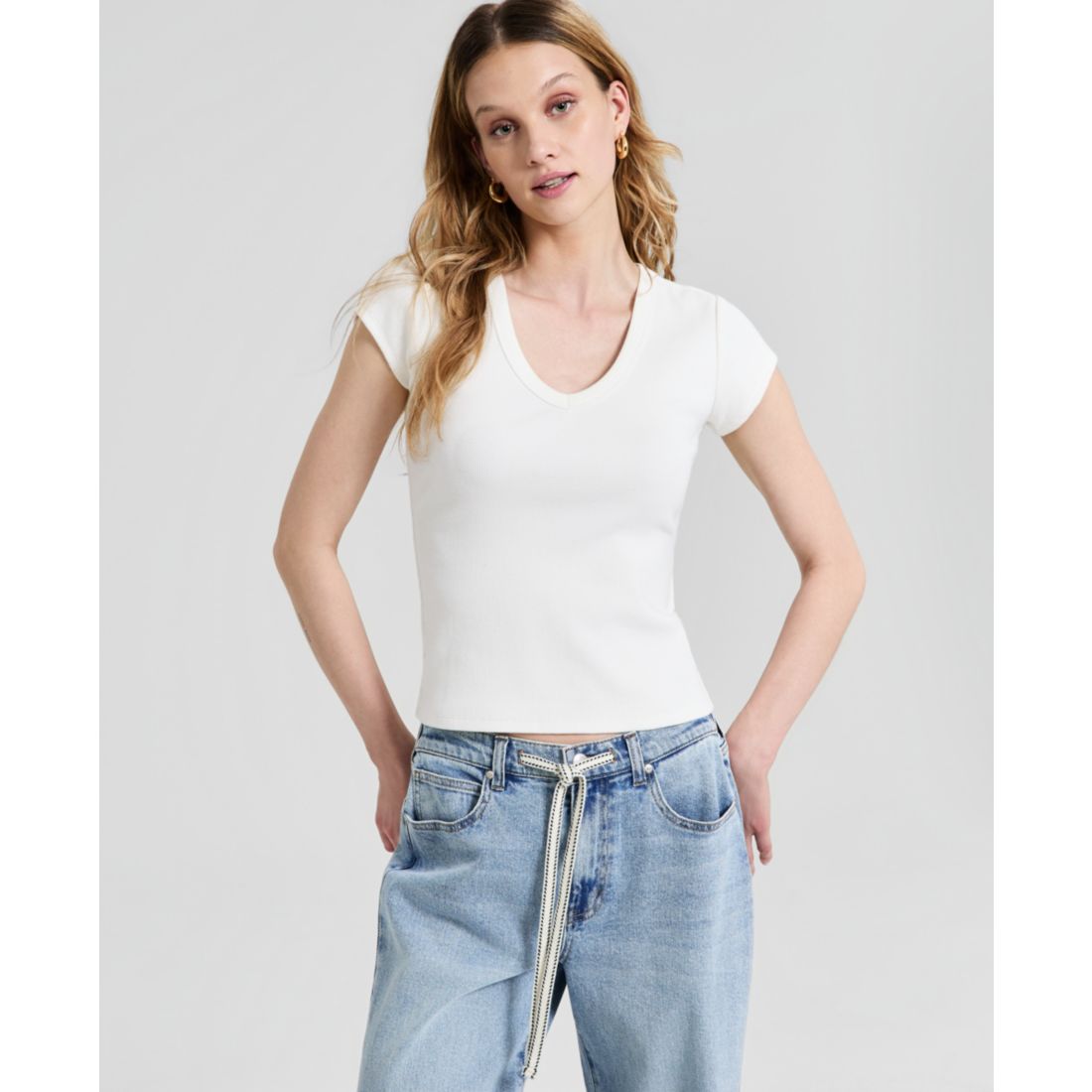 And Now This Women's V-Neck Rib-Knit Short-Sleeve T-Shirt, Macy's Exclusive