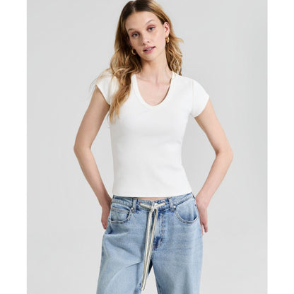 And Now This Women's V-Neck Rib-Knit Short-Sleeve T-Shirt, Macy's Exclusive