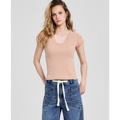 And Now This Women's V-Neck Rib-Knit Short-Sleeve T-Shirt, Macy's Exclusive