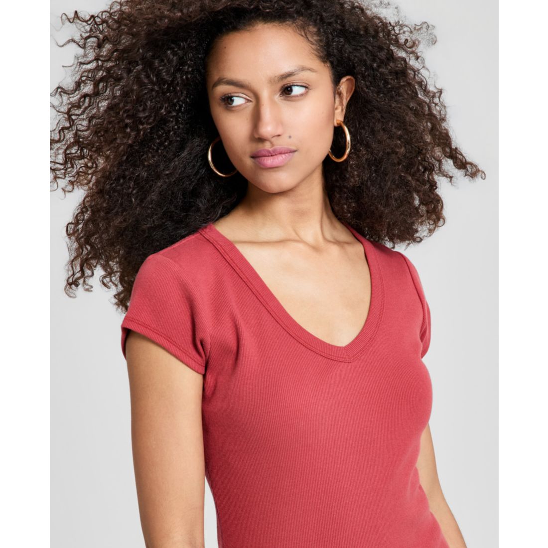 And Now This Women's V-Neck Rib-Knit Short-Sleeve T-Shirt, Macy's Exclusive