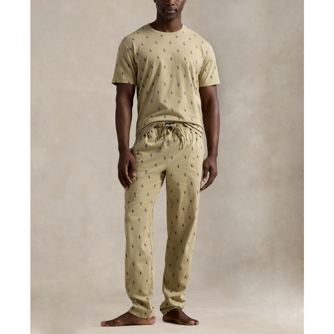 Polo Ralph Lauren Men's Crewneck T-Shirt and Pajama Pants, 2-Piece Set - Classic Khaki/ Cruise Navy All Over Polo