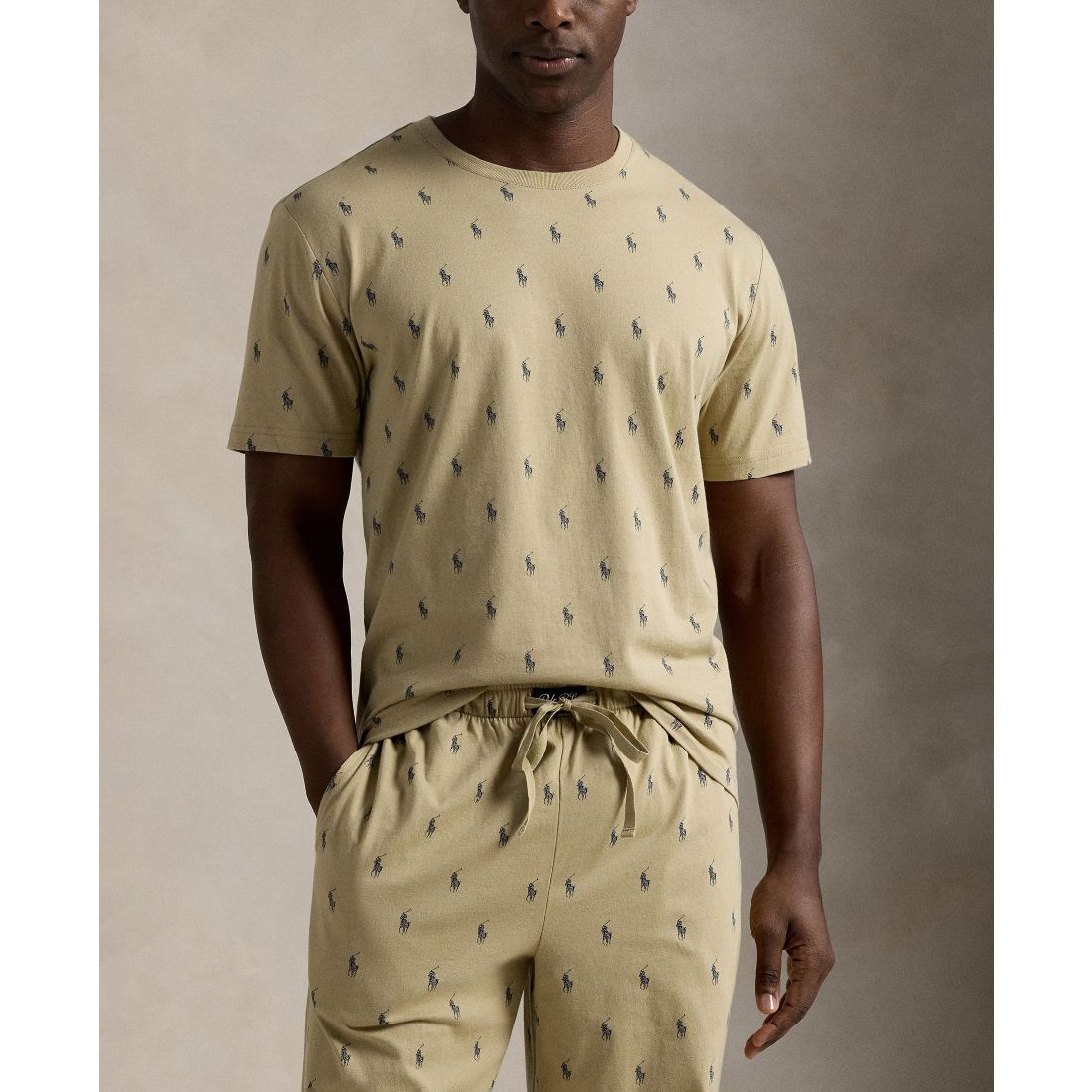 Polo Ralph Lauren Men's Crewneck T-Shirt and Pajama Pants, 2-Piece Set - Classic Khaki/ Cruise Navy All Over Polo