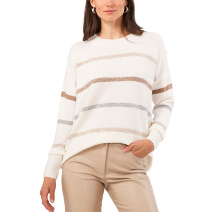 Vince Camuto Women's Cozy Crewneck Sequin-Stripe Long-Sleeve Sweater