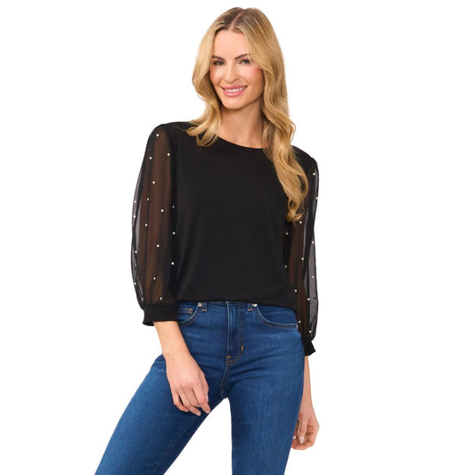 CeCe Women's Mixed Media Imitation-Pearl-Stud Top