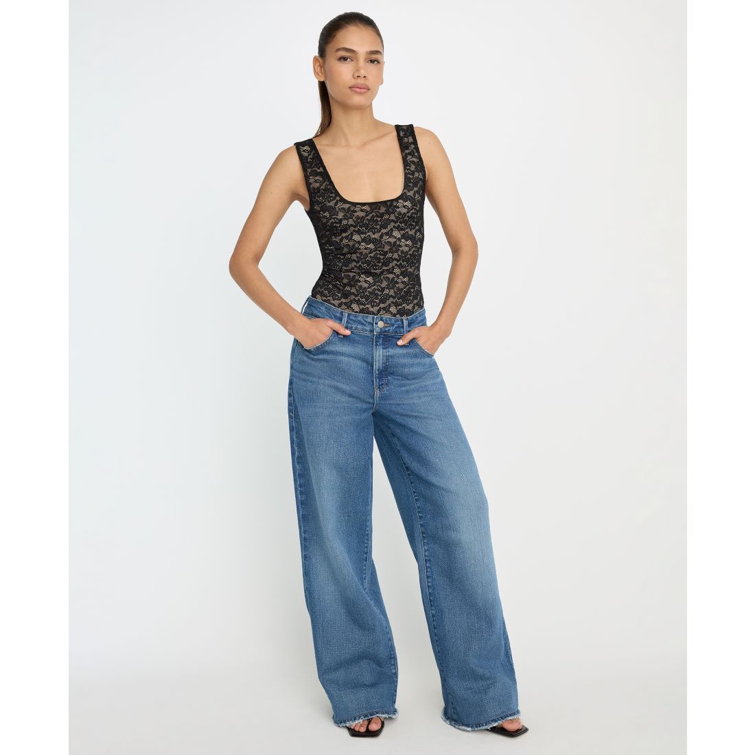 Good American Women's Stretch Lace Scoop Neck Tank Bodysuit, Regular & Plus Size