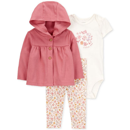 Carter's Baby Girls Cotton Little Cardigan, Bodysuit & Floral-Print Pants, 3 Piece Set