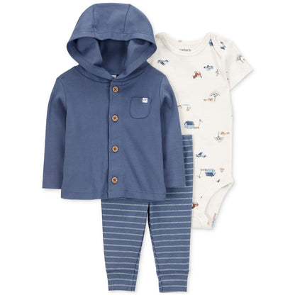 Carter's Baby Boys Cotton Little Character Set Hooded Cardigan, Barn-Print Bodysuit & Striped Pants, 3 Piece Set