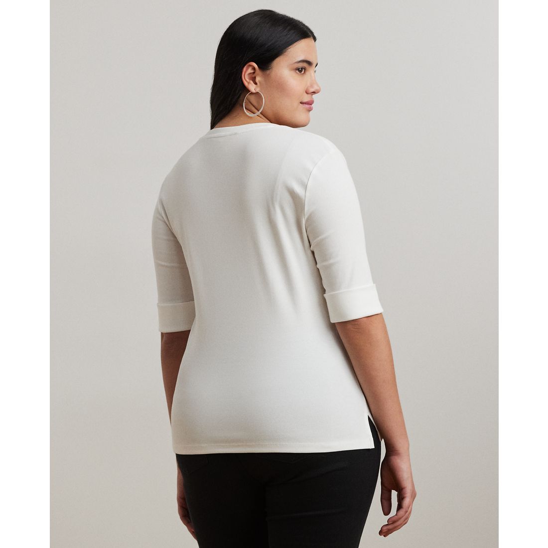 Lauren Ralph Lauren Plus Size Stretch Cotton Elbow-Sleeve V-Neck Tee