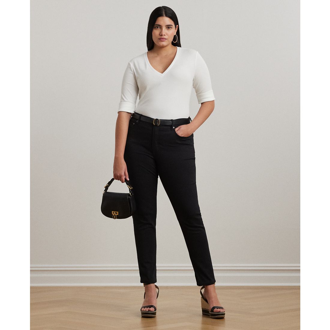 Lauren Ralph Lauren Plus Size Stretch Cotton Elbow-Sleeve V-Neck Tee