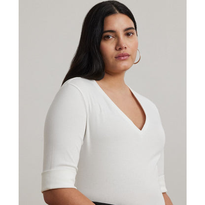 Lauren Ralph Lauren Plus Size Stretch Cotton Elbow-Sleeve V-Neck Tee