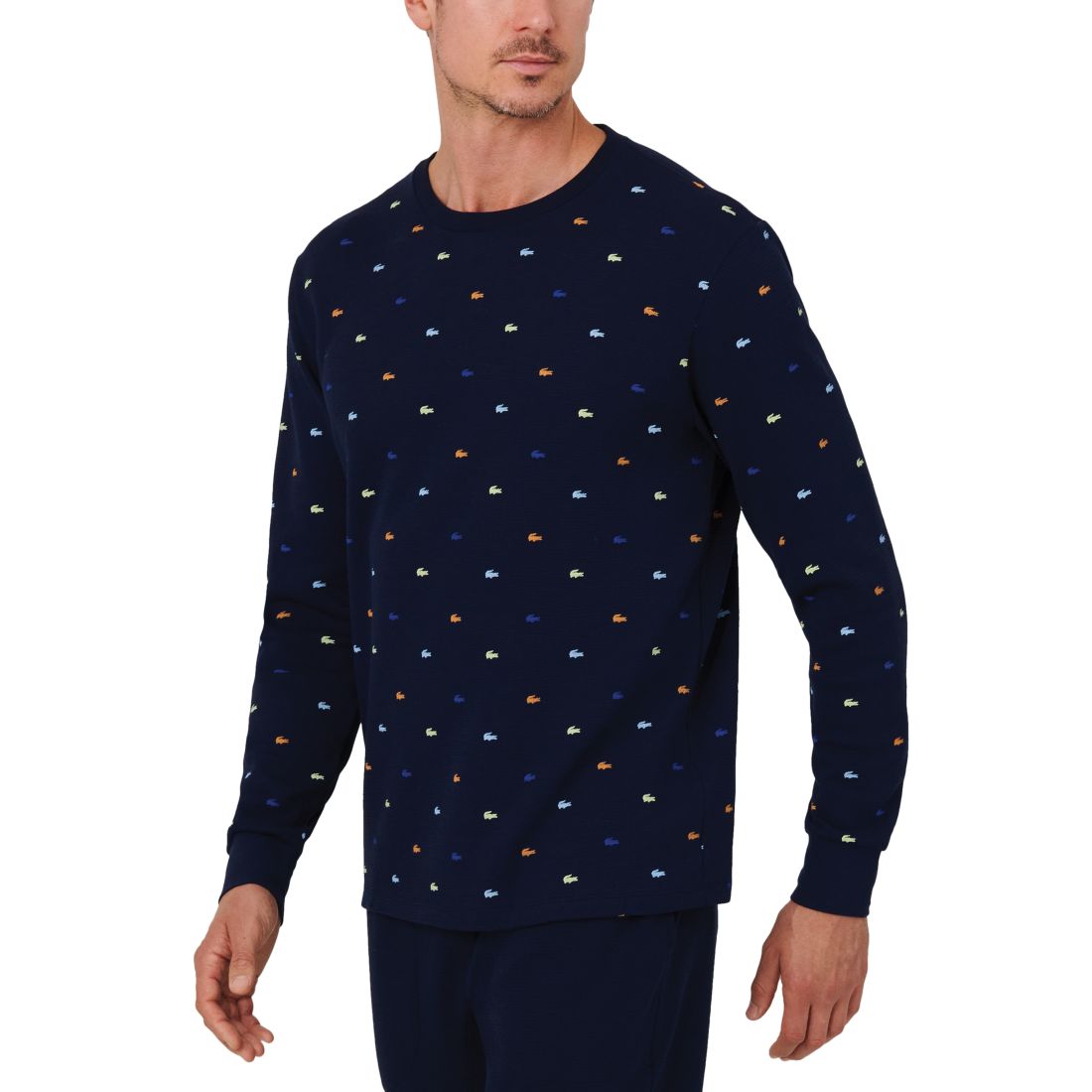 Lacoste Men's All Over Croc Print Long-Sleeve Thermal Sleep Shirt