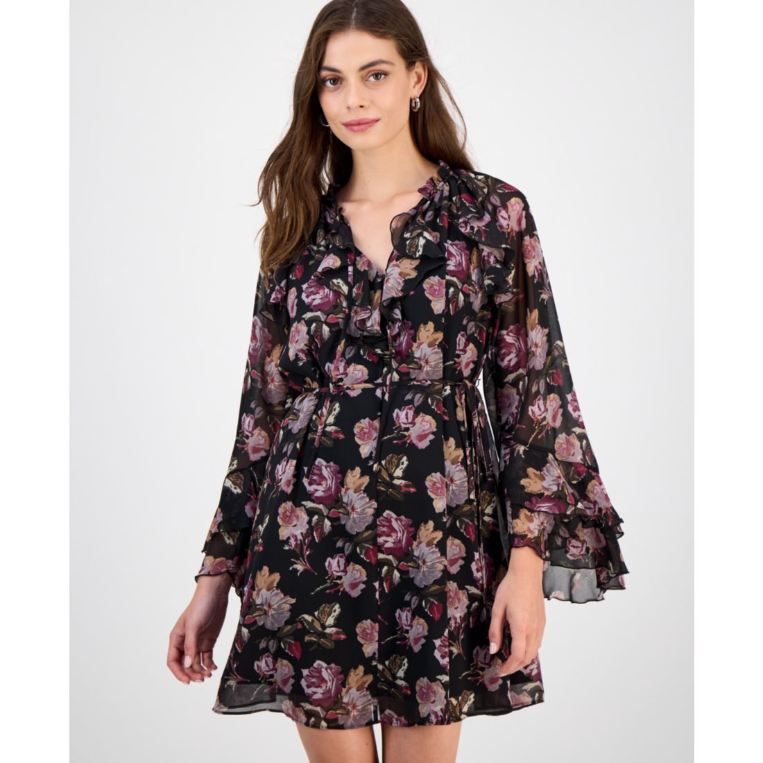 Sam Edelman Women's Flare-Sleeve Ruffled Dark Rose Mini Dress