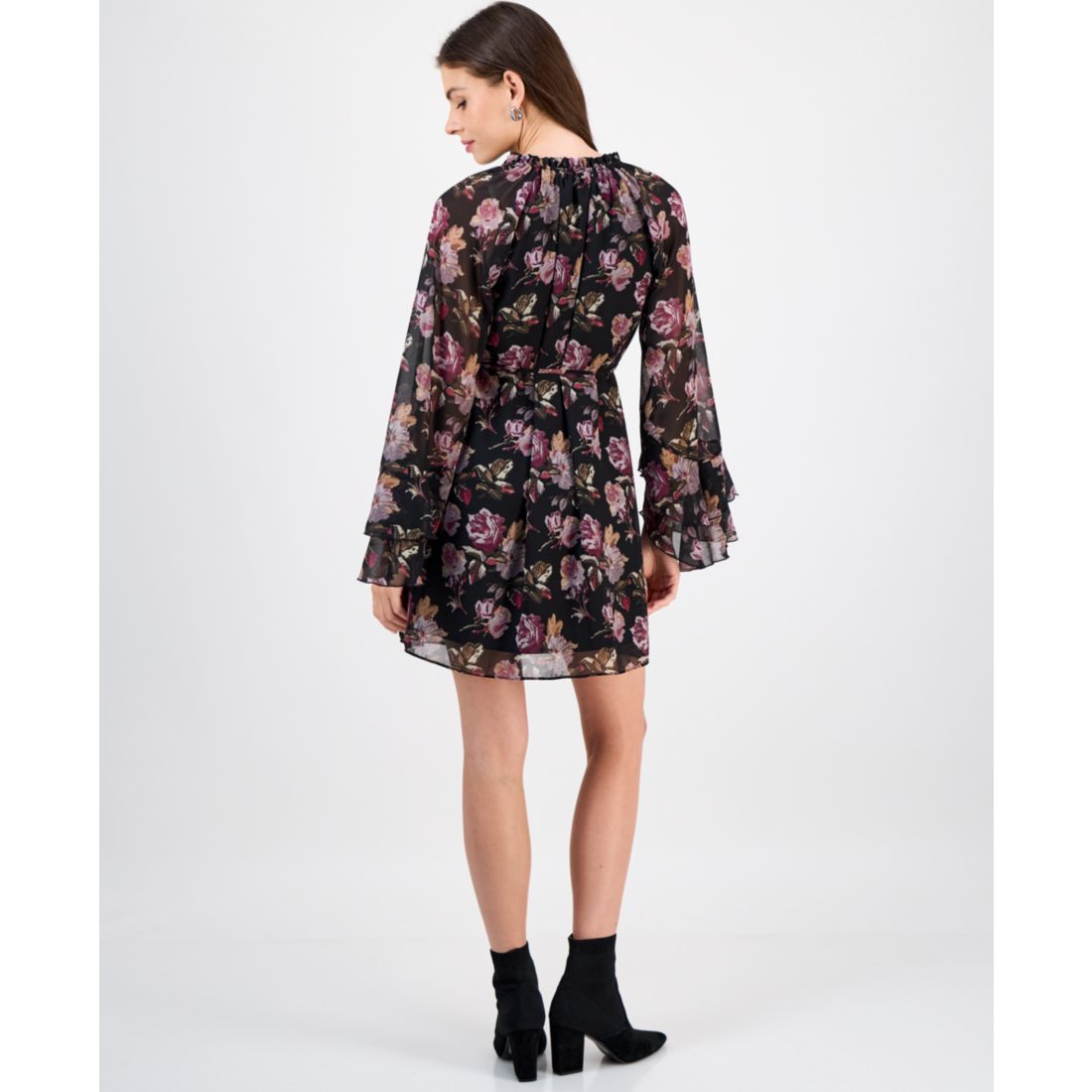 Sam Edelman Women's Flare-Sleeve Ruffled Dark Rose Mini Dress